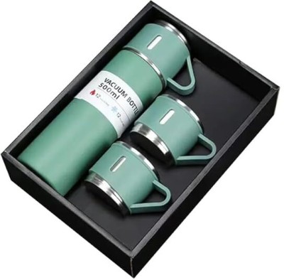 FASTFRIEND Stainless Steel Vacuum Flask with 3 set of Steel Cup Combo 500 ml 500 ml Flask(Pack of 1, Green, Aluminium)