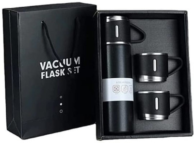 syed Vacuum Bottle Flask Set with 2 Cups, Hot & Cold Vacuum Flask Set with 2 Cups 500 ml Flask(Pack of 3, Black, Steel)