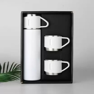 ICONIX Vacuum Insulated Double Wall Stainless Steel Bottle with Set of 2 Cups 500 ml Flask(Pack of 1, White, Steel)