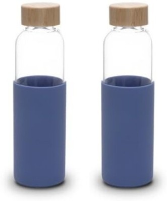 KUBER INDUSTRIES Round Sleeve Protection Glass Water Bottle & Bamboo Lid|550 ML|Set of 2|Blue 550 ml Bottle(Pack of 2, Blue, Glass)