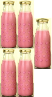 AFAST Lovely Heart Glass Water/Milk Bottle, Airtight Metal Cap, 300ML, Pack Of 5 300 ml Bottle(Pack of 5, Clear, Pink, Glass)