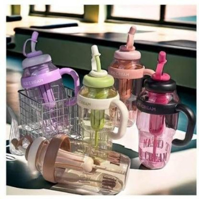 YshviCollection Ice-Cream Insulated Sipper Water bottle with Straw & Handle Transparent Tumbler 1300 ml Bottle(Pack of 1, Multicolor, Silicone, Plastic, PET)