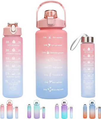 ASHGUJ Water Bottle 3 Pcs Set with Motivational Time Marker with Straw 3000 ml Bottle(Pack of 3, Blue, Plastic)
