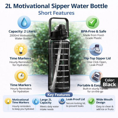 Cronus Pack of 1 LargeCapacity Water Bottle Motivational trasparent travel bisycle 2000 ml Bottle 2000 ml Bottle Plastic