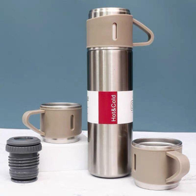 SWARG KITCHEN Vaccum Flask with 3 Cups 500 Ml 500 ml Flask(Pack of 3, Brown, Steel)