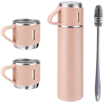 RAVARIYA Water Bottle Flask Set with 3 Cups Hot & Cold with Silicon Brush 500 ml Flask(Pack of 4, Pink, Grey, Steel)