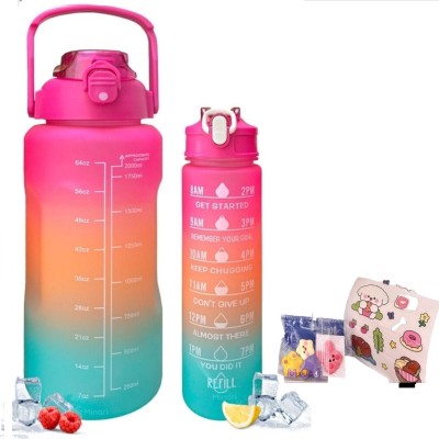 Kloud-Mounten 2 in 1 Non-Toxic 2PCS Set Motivational Gym Sport with 3D Stickers 1000 ml 2000 ml Bottle(Pack of 1, Multicolor, Pink, Purple, Plastic)