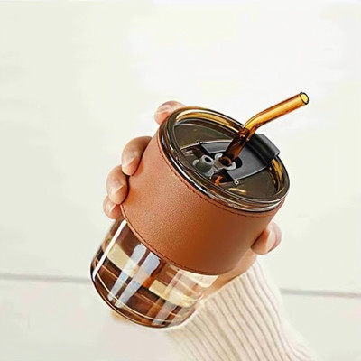 mohammadi trading Tumbler with Lid Straw 400 ml Sipper(Pack of 1, Brown, Glass)