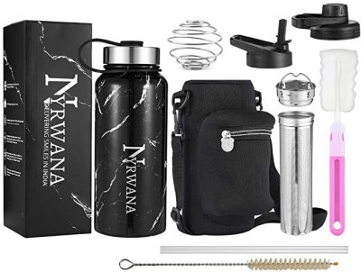 NYRWANA DELIVERING SMILES IN INIDA Sports Water Bottle Thermos with 3 Lids 1 straw Double Wall Steel Flask/Tumbler 1000 ml Bottle(Pack of 1, Black, Steel)