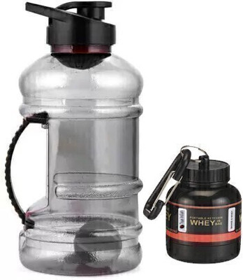 TRUE INDIAN Gym Gallon Water Bottle with Protein Funnel & Container with Key-Chain 1500 ml Shaker(Pack of 2, Black, Plastic)