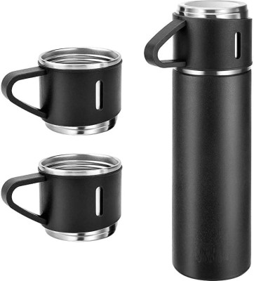 KradFit Stainless Steel Thermal Flask Set Bottle with 3 Cups, Leakproof Design 500 ml Flask(Pack of 1, Black, Steel)