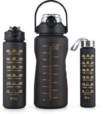 ECOBSY Set of 3 Water Bottle 2000ML, 900ML, 300ML with Motivational 2000 ml Bottle(Pack of 1, Black, Plastic)