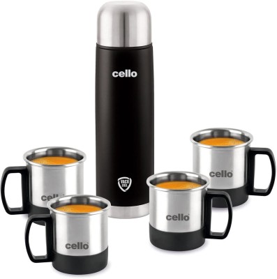 cello Duro Classic Vacusteel Flask with Mugs Gift Set | Leak-Proof Design, 500 ml Bottle With Drinking Glass(Pack of 5, Black, Steel)
