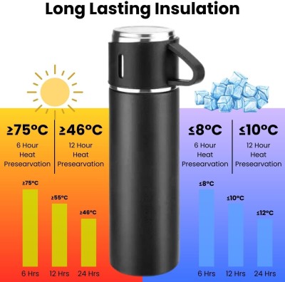 SINGHALTRADE Double Wall Stainless Steel Thermo, 500ml Vacuum Insulated Bottle Water 500 ml Flask(Pack of 3, Black, Steel)