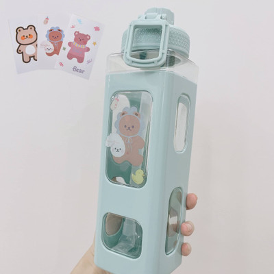 TRK HUB Kawaii Bear Pastel Water Bottle With Sticker Plastic Leak Large Cute Bottles 700 ml Bottle(Pack of 1, Multicolor, Plastic)