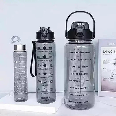 Lucanus Set of 3 Transparent Water Bottles BPA-Free with Motivational Time Marker 2000 ml Bottle(Pack of 1, Black, Plastic)