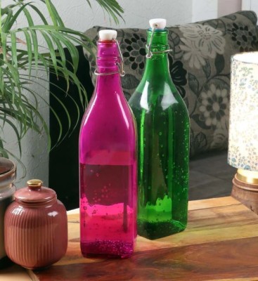 CDI Printed 1 Ltr Pink & Green Glass 1000 ml Bottle(Pack of 2, Multicolor, Glass)