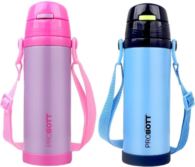 PROBOTT Tom 350ml Double Walled Vacuum Flask Stainless Steel Hot & Cold Water Bottle 350 ml Flask(Pack of 2, Pink, Blue, Steel)