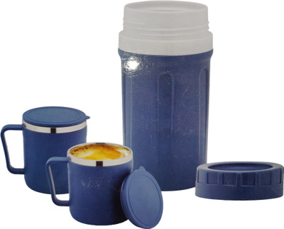 Kitchenium Vaccum Insulated Flask Set With 2 pc Mugs (200 ml Each) And 1 pc Flask (400 ml) 400 ml Bottle With Drinking Glass(Pack of 3, Blue, Plastic, Steel)