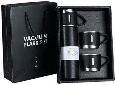 Oh Zone Gallery Vacuum Flask Set with 2 Cups, Insulated Double Wall Stainless Steel 500 ml Flask(Pack of 3, Black, Steel)