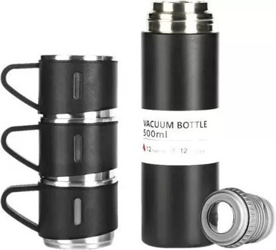 MINDKING Vacuum Flask Gift Set Bottle with 3 Cups 500 ml Flask (Pack of 1, Black, Steel) 500 ml Flask(Pack of 1, Black, Steel)