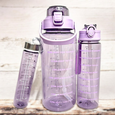 Virtuous Set of 3 Transparent Water Bottle with Straw & Stickers-Office Water Bottle 2000 ml Bottle(Pack of 3, Purple, Plastic)