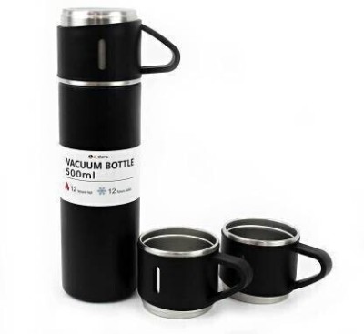 DIKUJI ENTERPRISE Vacuum Flask Gift Set Bottle with 3 Cups 500 ml Flask 500 ml Flask(Pack of 1, Black, Steel)