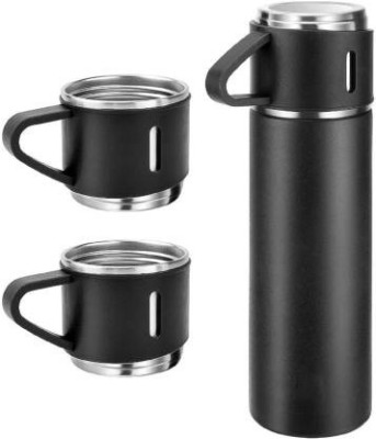 KAVANA Double Wall Stainless Steel Thermo Vacuum Bottle Flask Set with Two Cups 500 ml Bottle(Pack of 1, Black, Steel)