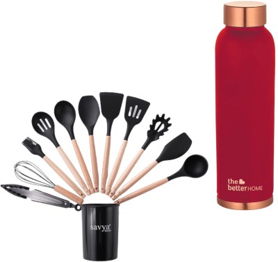 The Better Home Pure Copper Water Bottle 1L&12 pcs Silicon Spatula Set combo , Black 950 ml Bottle(Pack of 1, Maroon, Copper, Silicone)