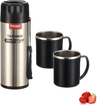 Trueware 500 ml Steel Bottle With Drinking Glass(Pack of 3, Steel/Chrome)