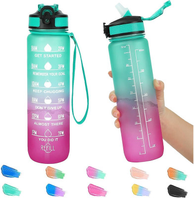 NEYU Motivational Water Bottle with Time Marker & Straw-Leakproof Water Bottle RSMB3 1000 ml Bottle(Pack of 1, Multicolor, Plastic)