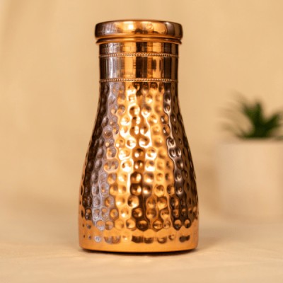 KANSARA Pure Copper Bedroom Water Bottle with Inbuilt Glass, Hammered Design ,Drinkware 1000 ml Bottle With Drinking Glass(Pack of 1, Gold, Copper)