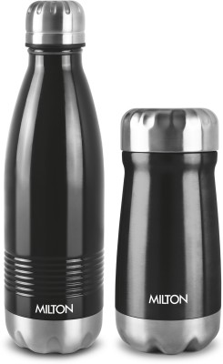 MILTON Duet Set, Thermosteel 500 Duo Dlx, 500 ml Bottle & All Rounder 400 Flask, 350 ml 350 ml Flask(Pack of 2, Black, Steel)