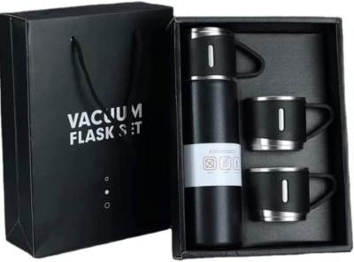 A3CUBE Vacuum Insulated Bottle Water Flask Gift Set with Two Cups Hot & Cold 500 ml Flask(Pack of 1, Black, Steel)