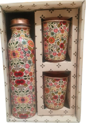 Waterium Pure Copper Bottle with 2 Glass Set (950ml, 300mlx2 glass)in Floral Design 950 ml Bottle With Drinking Glass(Pack of 1, Copper, Copper)