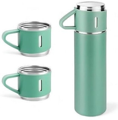 SUNSENTERPRISES Double Wall Steel Thermo Insulated Bottle Water Flask with Two Cups Hot & Cold 500 ml Bottle(Pack of 1, Light Green, Steel)