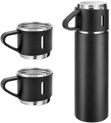 OCEAN THREEZ Vacuum Insulated Flask set 3 Cup set for Hot & Cold Drink 400 ml Flask(Pack of 1, Black, Steel)