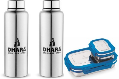 Dhara Stainless Steel Thunder 600 Single Wall / Fridge Bottle with Lunch Box Combo 600 ml Bottle(Pack of 3, Silver, Steel)