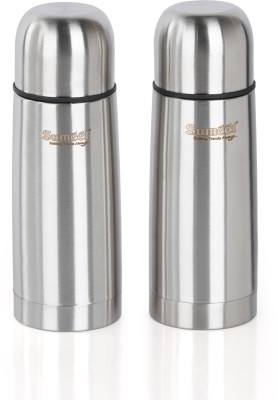 Sumeet Stainless Steel Double Walled Flask/Water Bottle, with Flip Lid,24 Hrs Hot &Cold 400 ml Flask(Pack of 2, Silver, Steel)