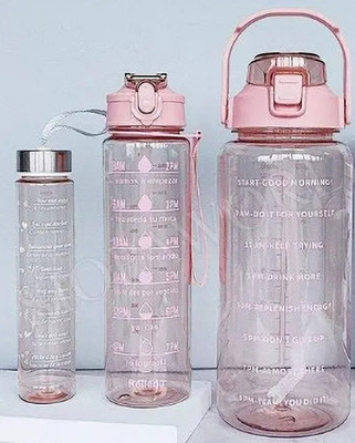 Duniya bazaar enterprises Set of 3 Transparent Water Bottle with Straw Stickers Office Water Bottles 2000 ml Bottle(Pack of 1, Pink, Plastic)