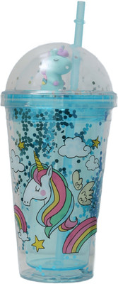 The Procure Store Unicorn Printed Glitery Transparent Sipper With Unicorn Motif Lid, Blue 500 ml Sipper(Pack of 1, Blue, Plastic)