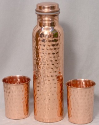 Avvik Pure Copper Hammered water Bottle 1Liter With 2Glass 300ml 1000 ml Bottle(Pack of 3, Copper, Copper)