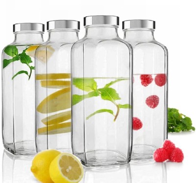 VATUKDY Travel Glass Drinking Fridge Steel Lid for Home Travel Juicing Water Smoothie 1000 ml Bottle(Pack of 4, Clear, Glass)