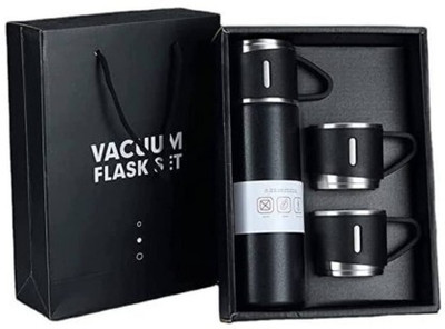 GJSHOP Vacuum Insulated Flask set 3Cup set for Hot & Cold Drink 500 ml Flask(Pack of 1, Black, Steel)