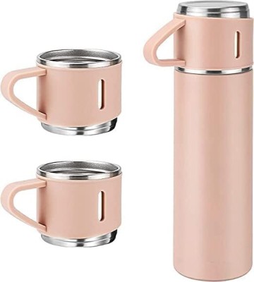 HOUSEIFY Vacuum Flask Set with 2 Cups Water Bottle 12 Hrs Hot & Cold Leakproof 500 ml Flask(Pack of 1, Pink, Steel)