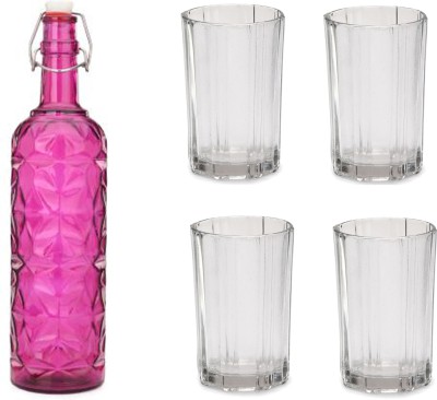 AFAST Bottle & 4 Glass Serving Lemon Set, Pink, Clear, Glass 1000 ml Bottle With Drinking Glass(Pack of 5, Pink, Clear, Glass)