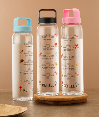 2Mech Motivational Time Marker Glass Water Bottle with Multicolor Husk Lid 1000 ml Bottle(Pack of 3, Multicolor, Plastic)