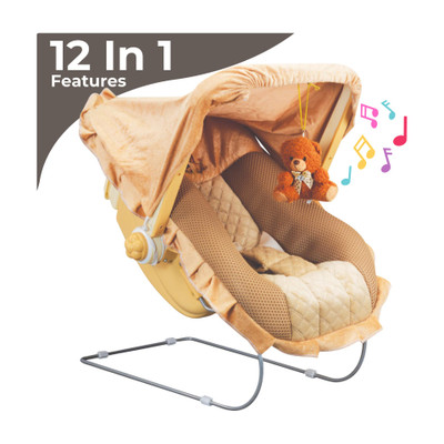 mama luv mee Premium Quality | Deluxe 12 in 1 Musical Carry Cot | Baby Rocker and Bouncer(Brown, White)