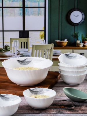 cello Opalware Dessert Bowl Glass Pudding Bowl Set(Pack of 7, White)