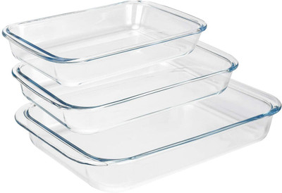 Crystalarc Borosilicate Glass Vegetable Bowl 1000ml, 1600ml, 2200ml Rectangular Borosilicate Microwave Safe Glass Serving Store Baking Mixing Bowl with Handle Set of 3(Pack of 3, Clear)